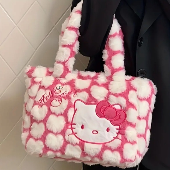 New in bag! Hello Kitty Fuzzy Pink Fur Plush Purse Bag Tote - Picture 3 of 5